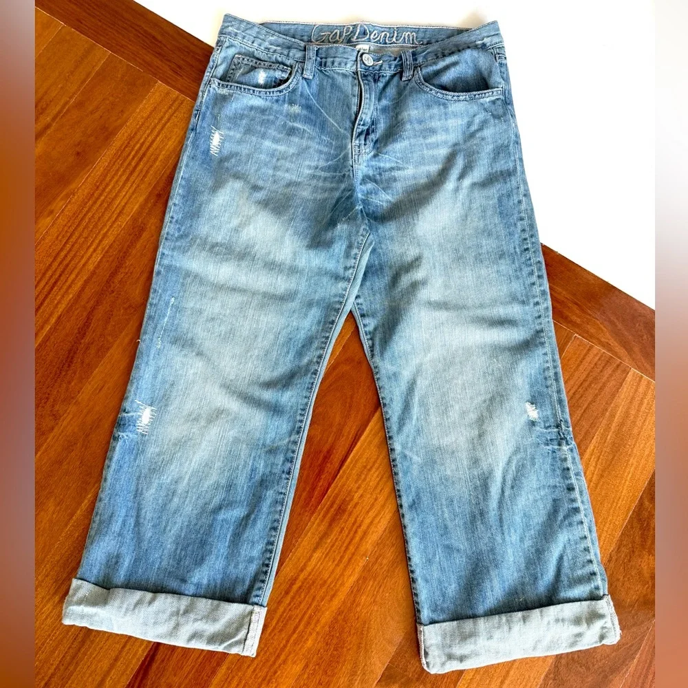 Gap Denim Jeans Boyfriend Pants Girls distressed Capri adjustable Waist 14 Plus